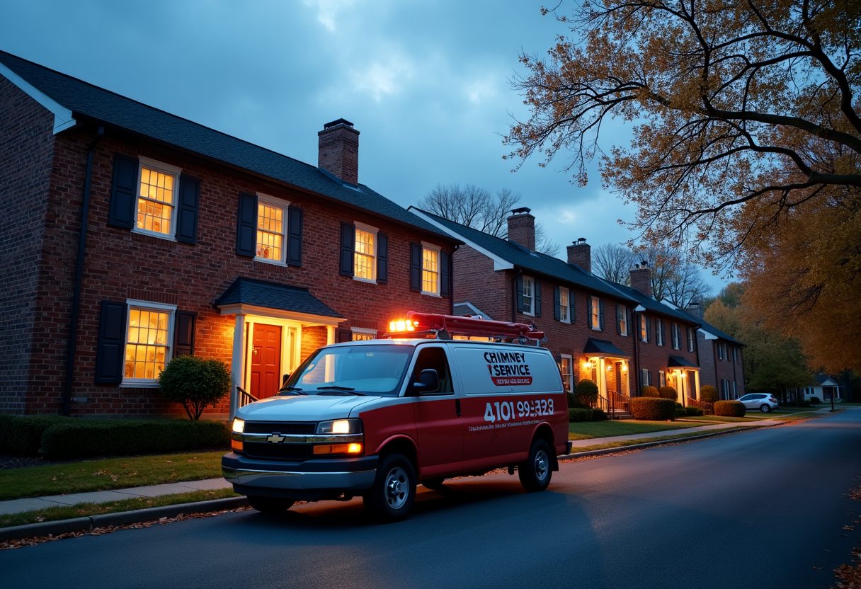 Chimney service van outside brick townhouses at dusk — Federal Way